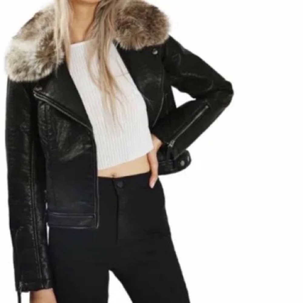 Topshop Faux Leather Moto Jacket with Removable Faux Fur Collar